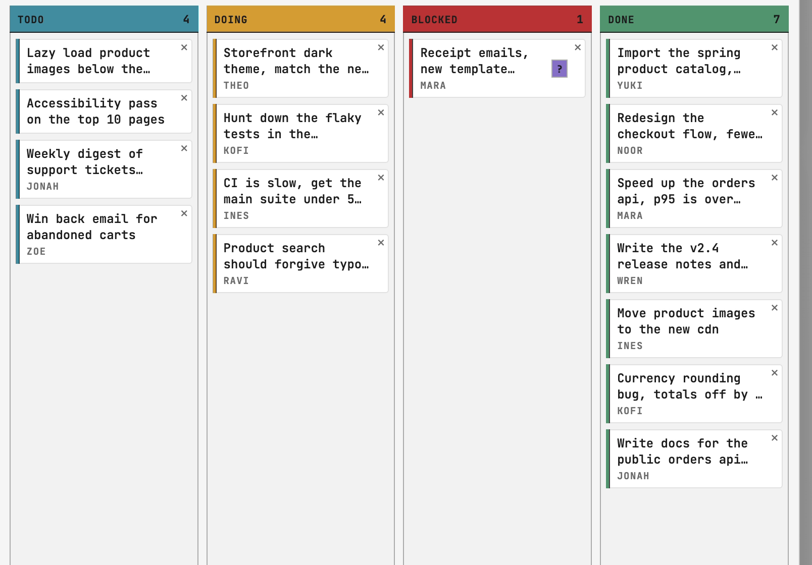 The task board in Rudy OS with todo, doing, blocked and done columns