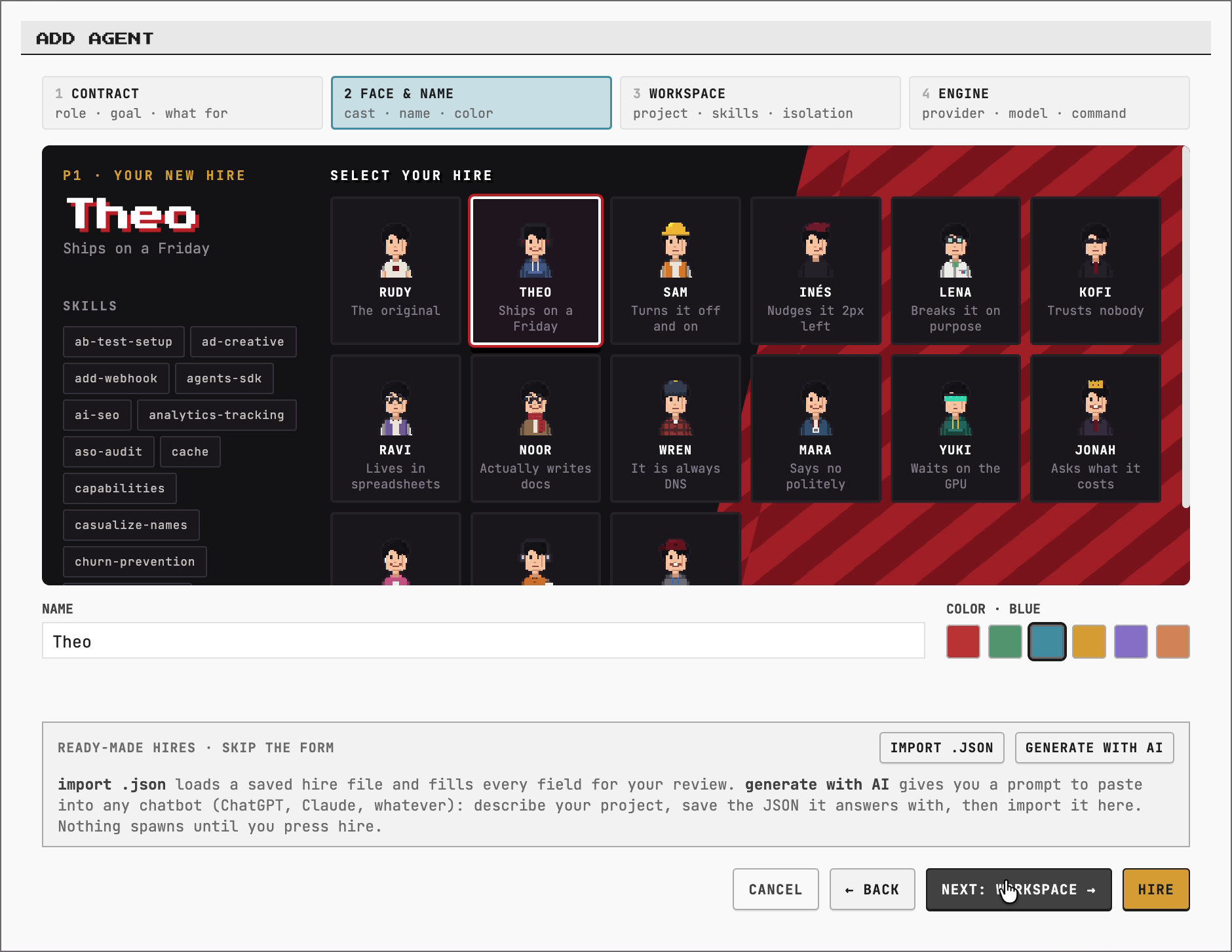 The Add Agent sheet in Rudy OS: cast grid, name and color